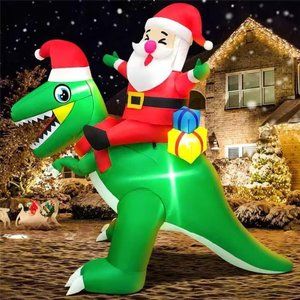 6FT Christmas Inflatable Outdoor Decorations,Christmas Santa‎ Riding Dinosaur